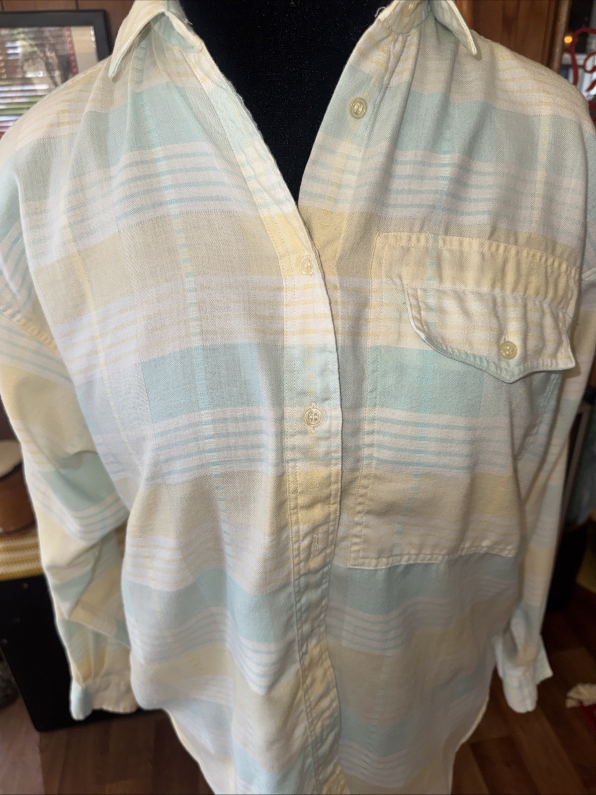 Vintage Shirt 80s CarenSport Button Up Plaid Removable Shoulder Pad Women 2106