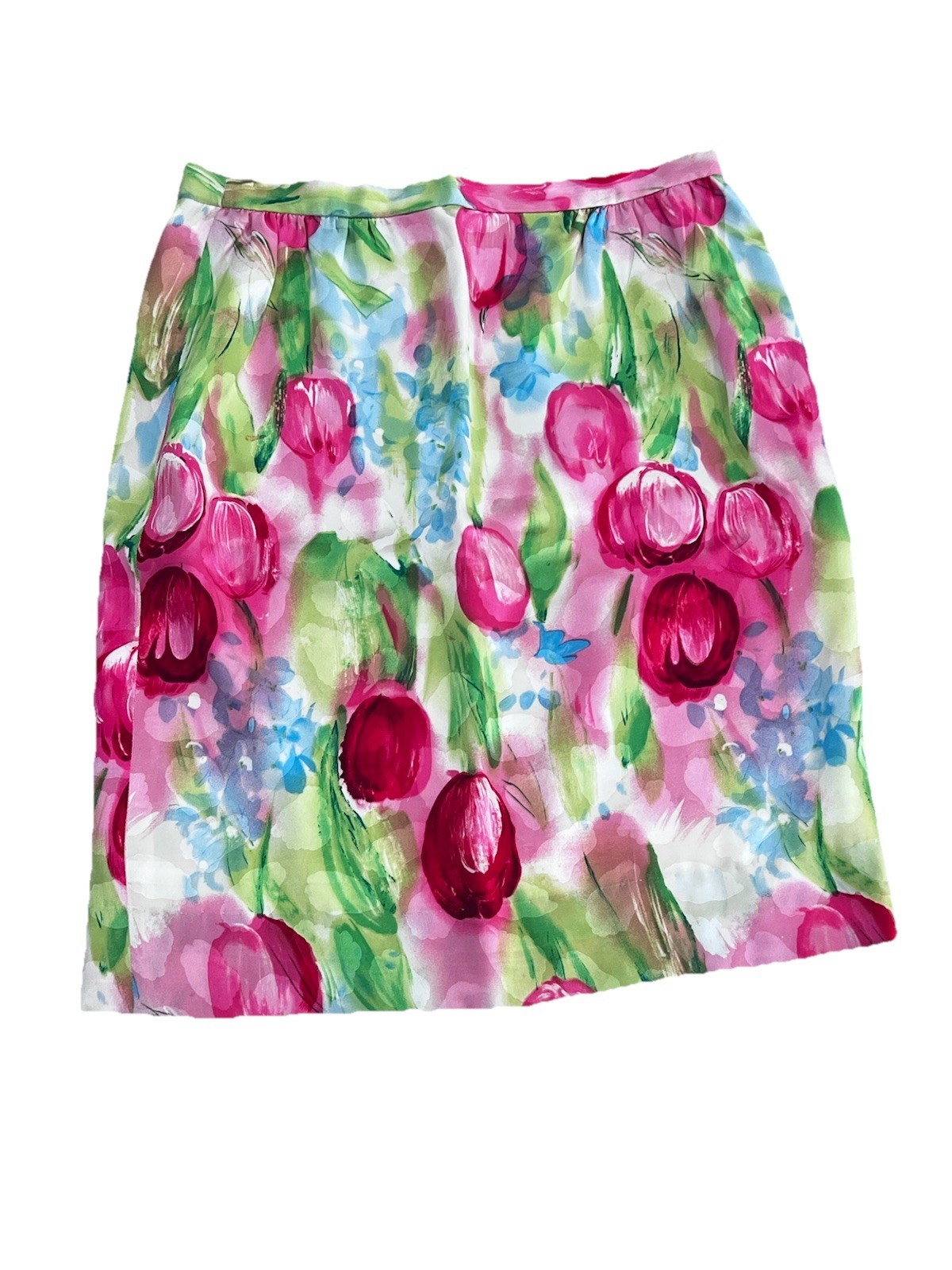 VTG Raul Blanco 100% Silk Tulip FLORAL Pencil Skirt Sz 10 Watercolor