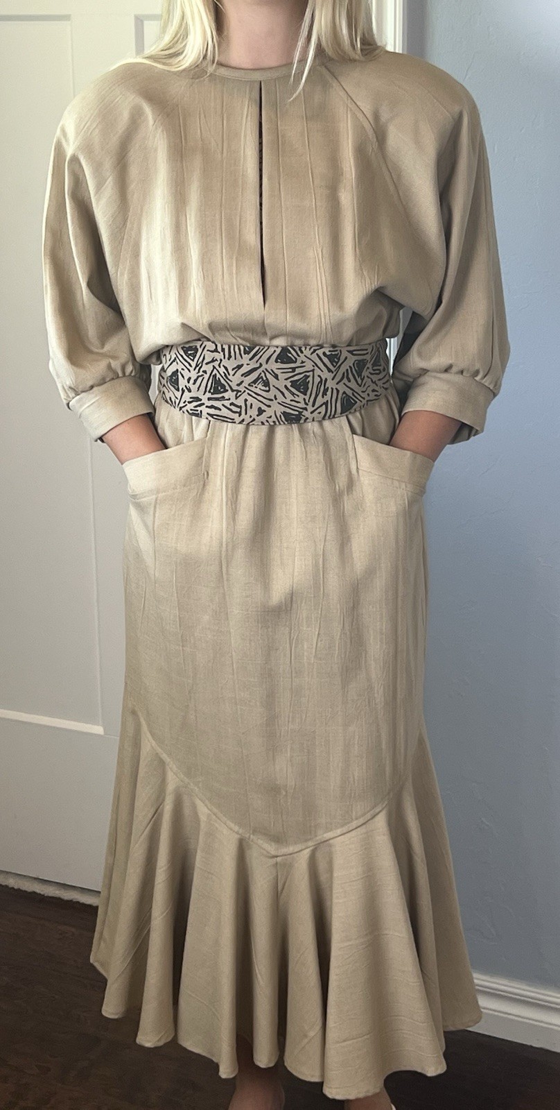 Vintage Choon California Linen Blend Midi Dress 6 Taupe Blouson Puff Sleeve USA