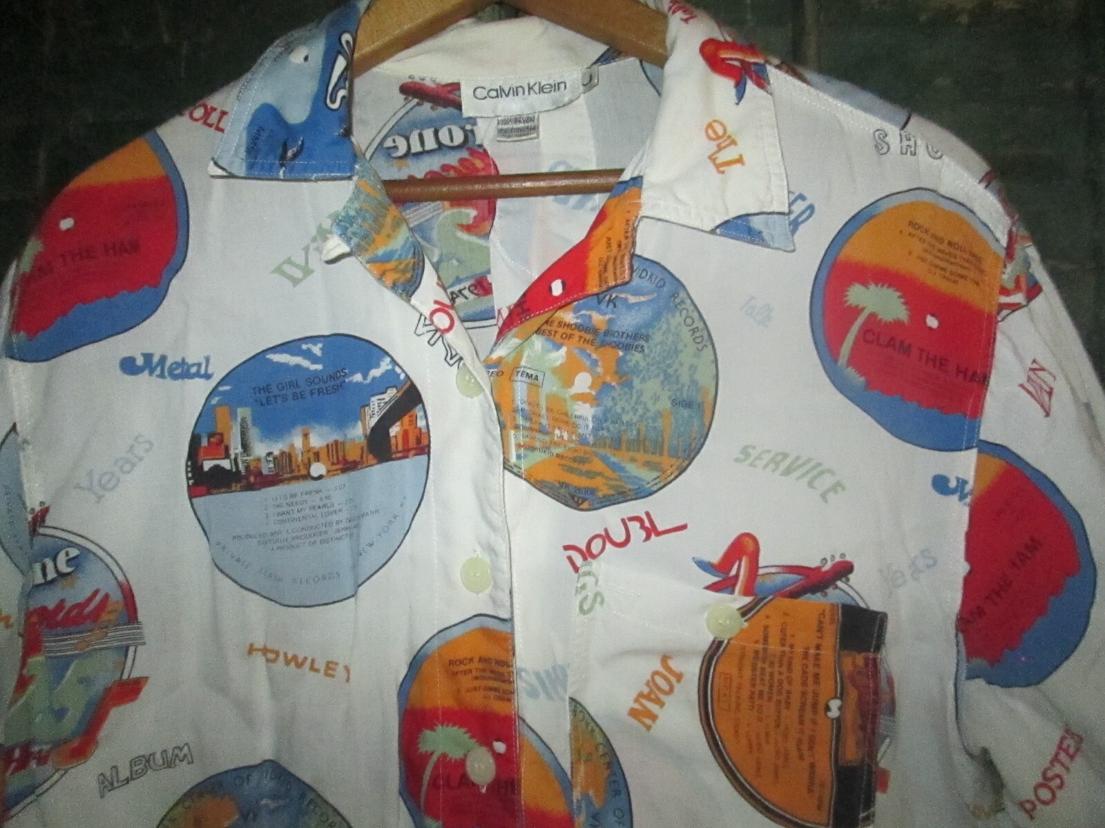LADIES Vtg 80s 90s CALVIN KLEIN Loop Collar Rayon album record aop hawaii shirt