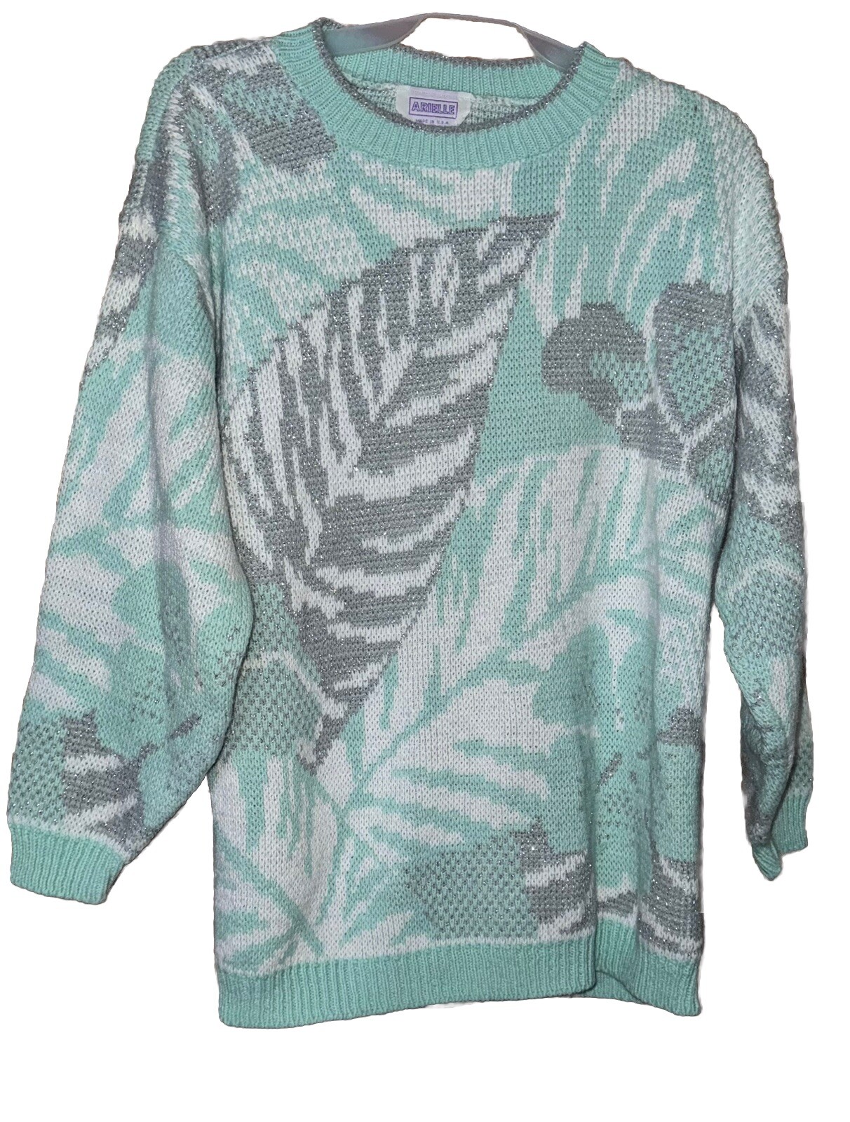 Vintage Arielle MEDIUM M/L Mint sparkle palm floral kawaii fairy kei sweater