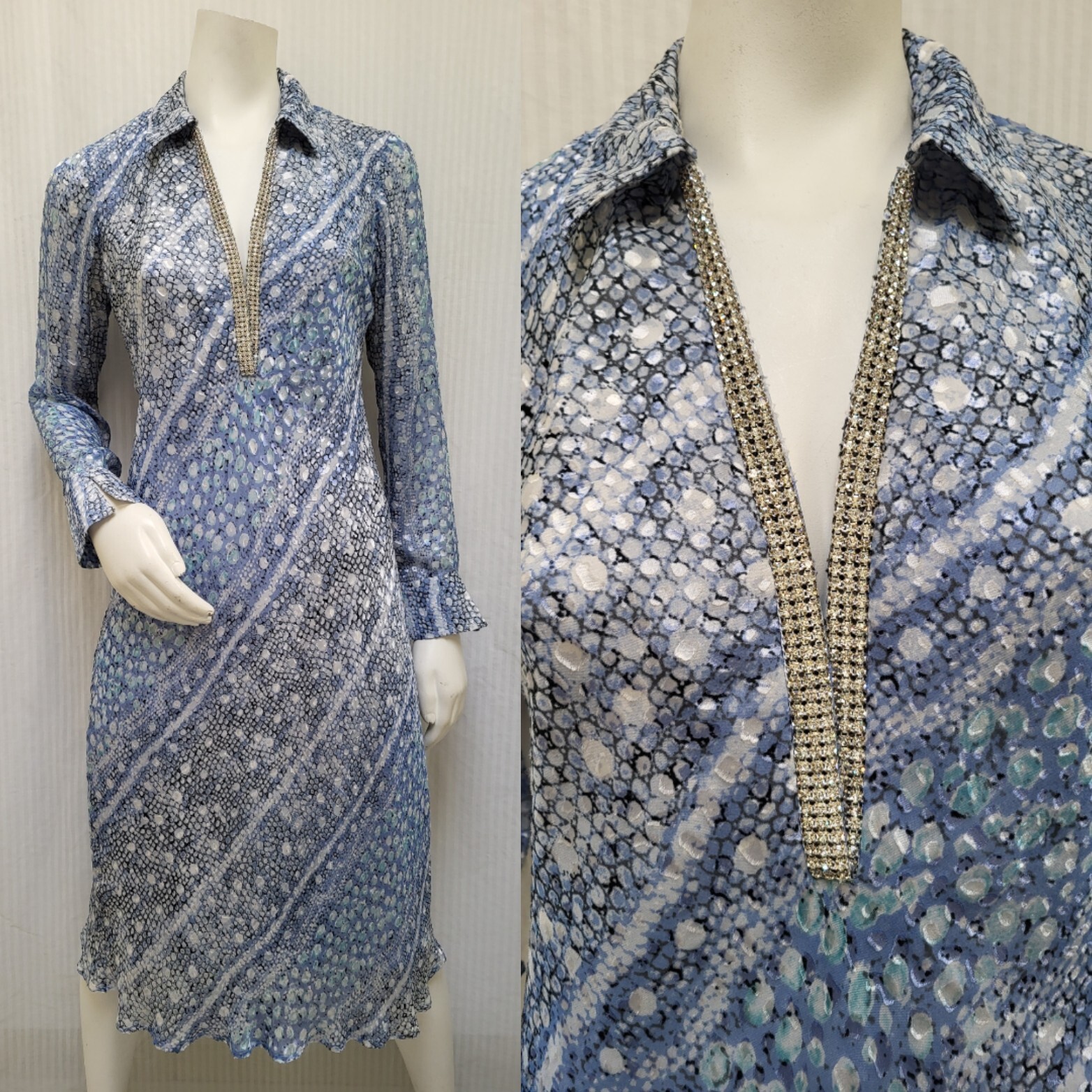 VTG A.B.S. Evening By Allen Schwartz Blue Silk Blend Rhinestones Dress – Size 8