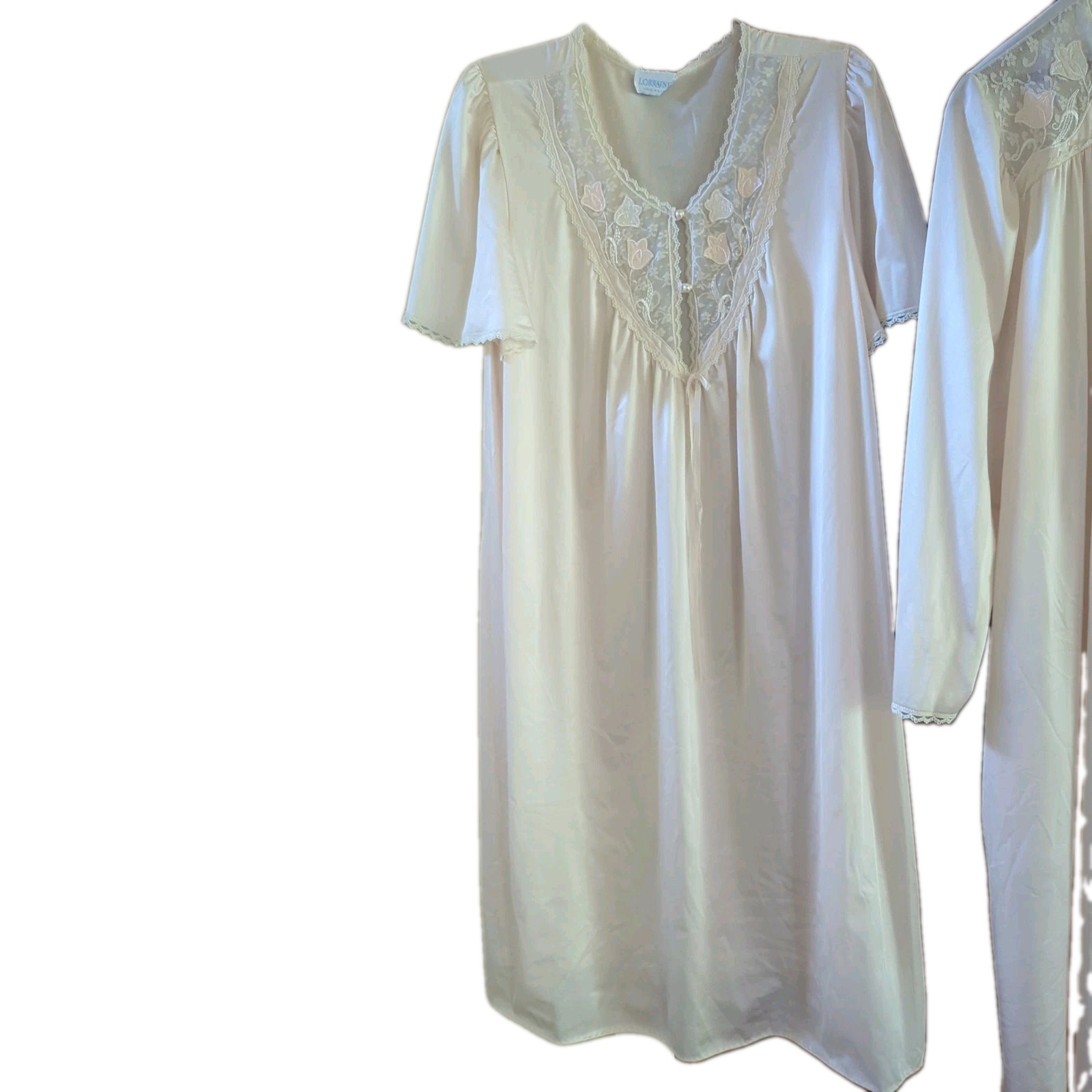 Vintage 80s Lorraine Nightgown & Robe Set SIZE 1X Piece Pink Aqua Appliqué
