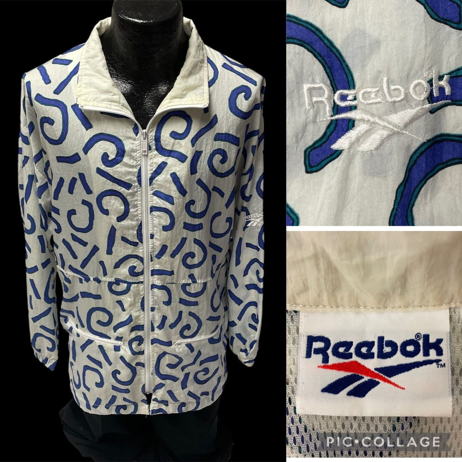 Vtg 80’s REEBOK White PURPLE Abstract Windbreaker STREETWEAR Logo TRACK Jacket L