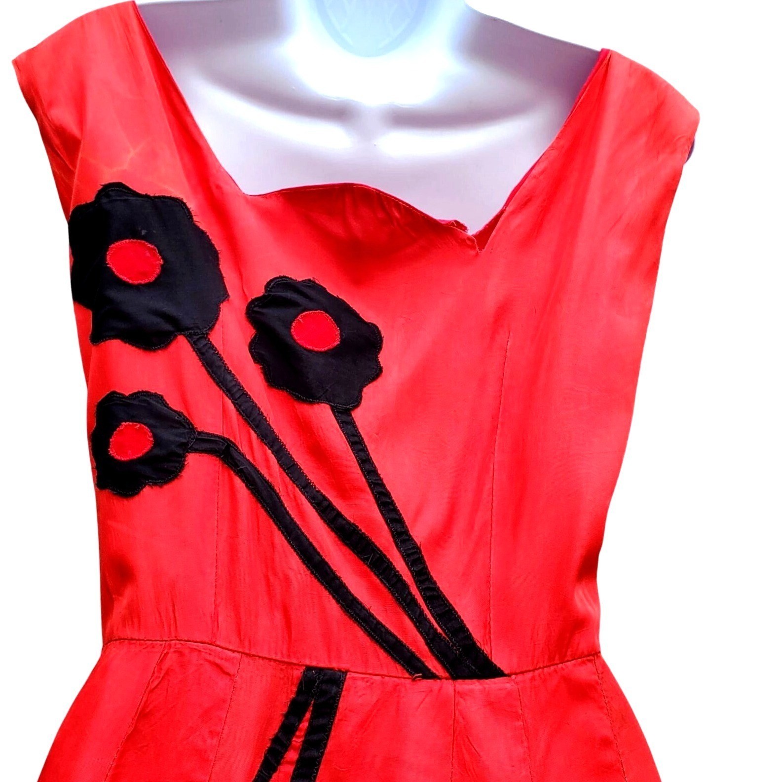 Vintage 30s Style Red Orange Acetate Maxi Size S Black Appliqué Gown Prom Dress