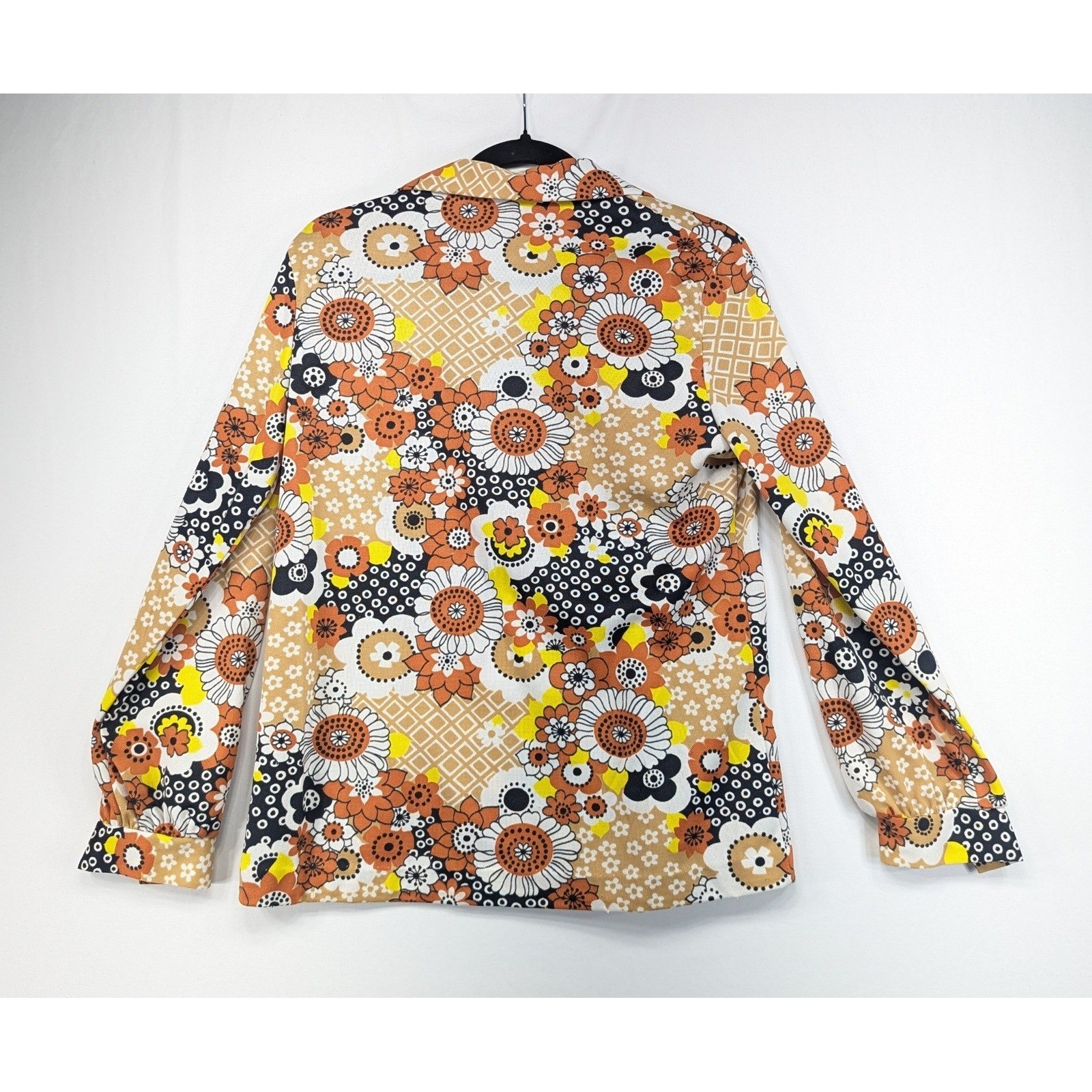 Vintage Lanie J 70s Floral Button Up Blouse Orange Yellow Disco Top