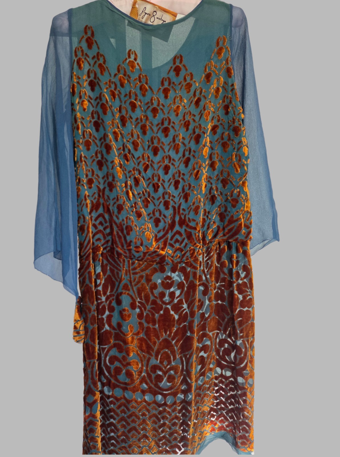 Authentic 1920s Silk Chiffon Burnout Velvet Dress | Art Deco Blue & Copper…