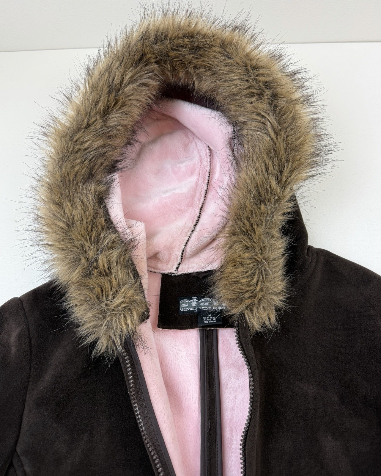 Vtg Static Y2K Jacket Coat Faux Fur Hood Brown Soft Velour Bomber Gilmore Girls