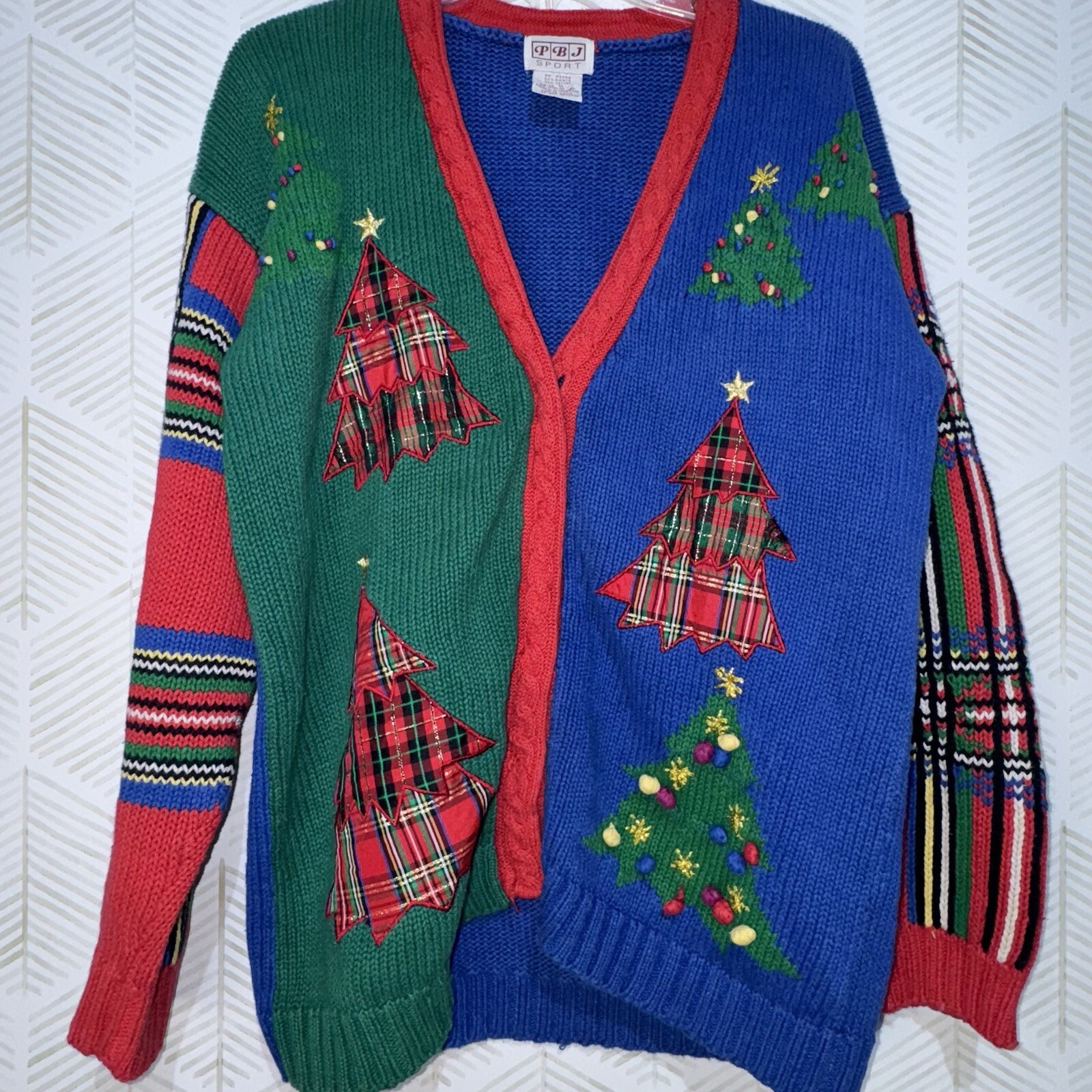 Vtg PBJ Sport Christmas Tree Embroidered Hand Knit Plaid Cardigan Sweater Size M