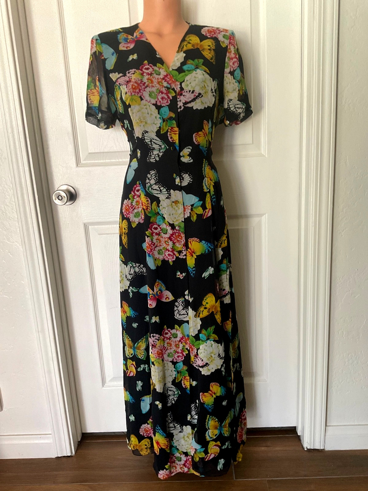 Vintage Rickie Freeman for Teri Jon Maxi Dress Silk Butterflies Lined Size 8