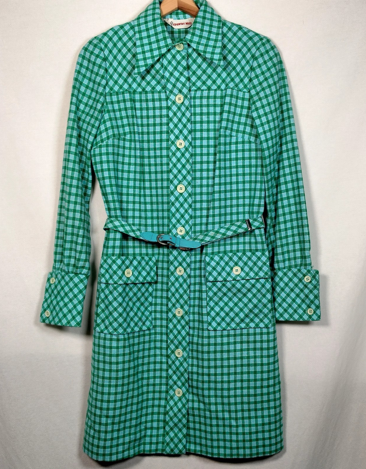 Vintage 1960s Country Miss Shirtdress Dress Size 10 Green Blue Plaid ILGWU Mod