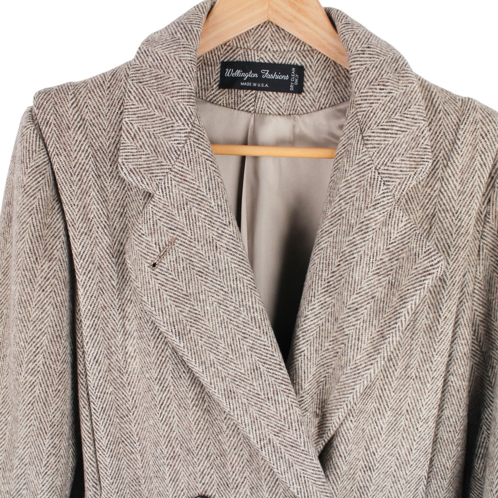 Vintage Wellington Wool Herringbone Overcoat Long Brown Women’s Size Medium