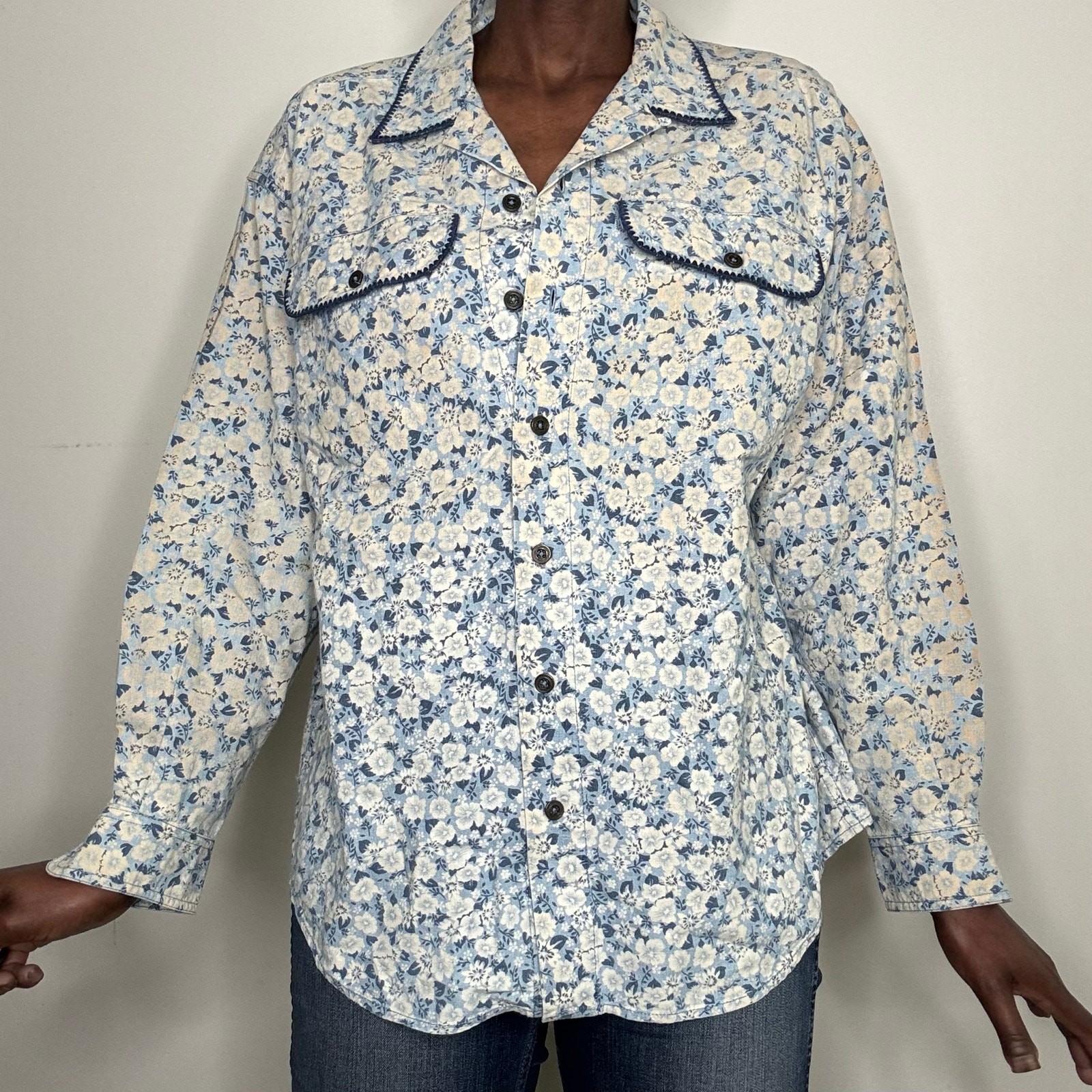 VTG 80s 90s LizWear Cottagecore Floral Cotton Button up Blouse Size Medium