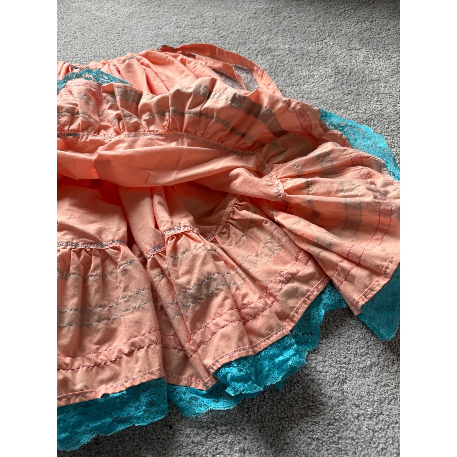 Vintage Peach Cotton Square Dance Skirt Ribbon Trim Lace Hem Western Midi Wrap