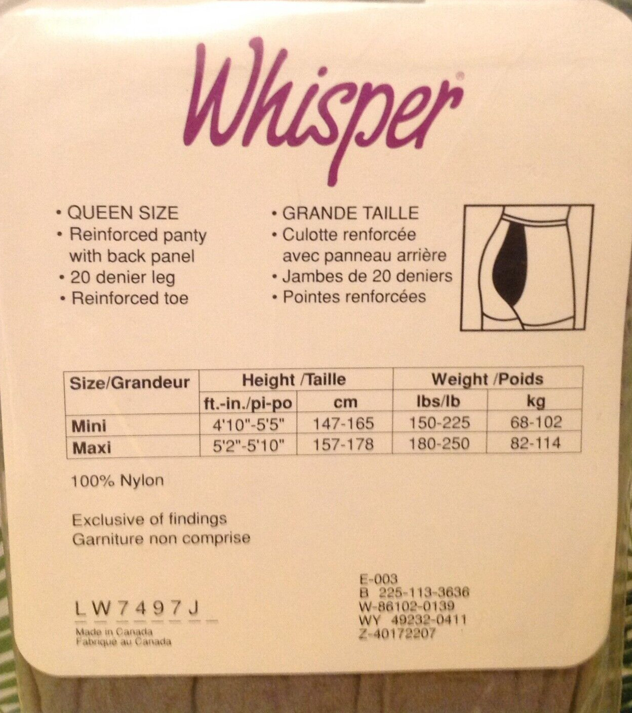 Vintage Pantyhose Whisper Full Back Panel Color Tender Grey Size Maxi BWHIS056
