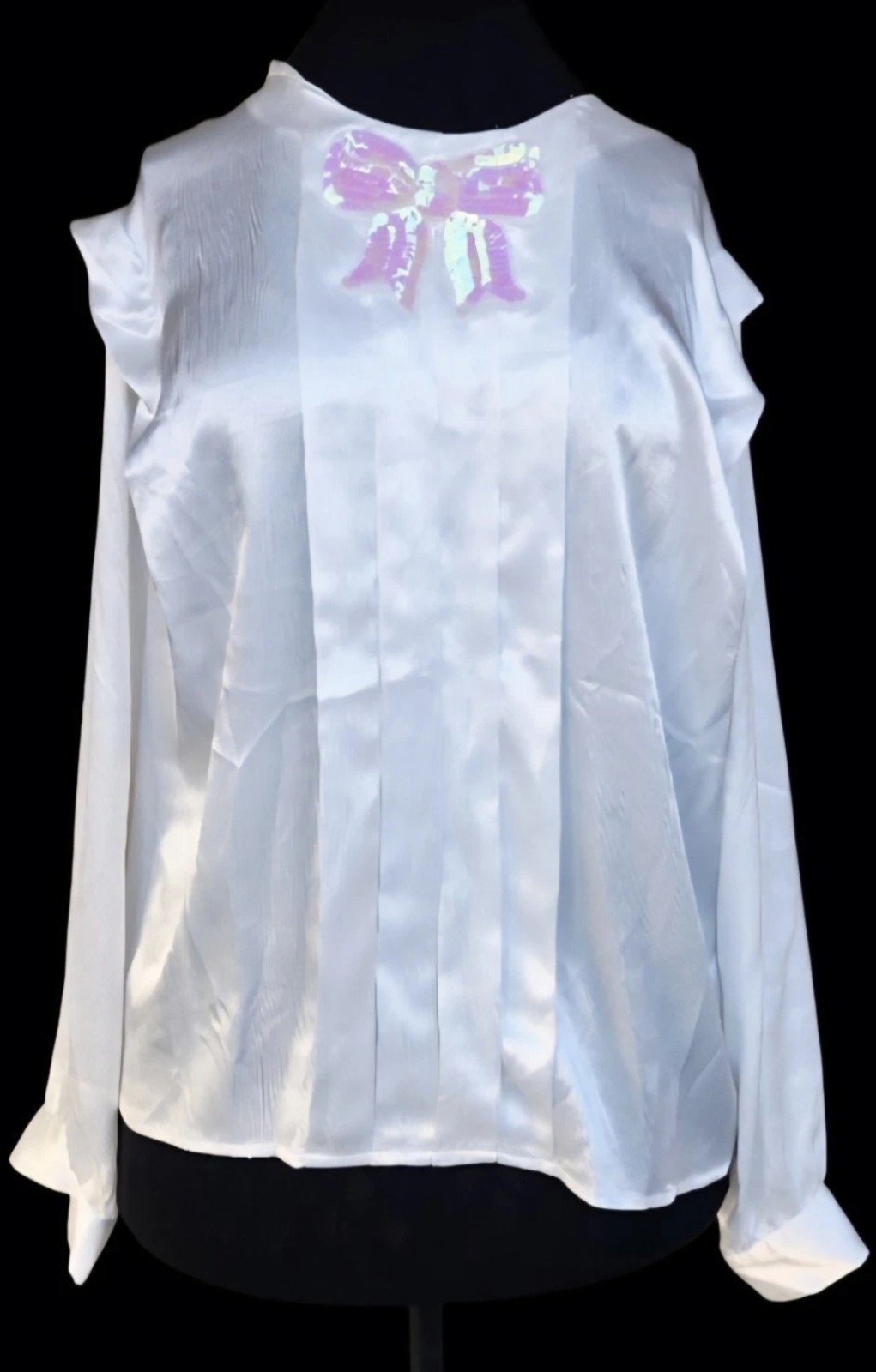 1980s NOTATIONS SILKY POLYESTER LONG SLEEVE BLOUSE w/Pink Sequined Bow Size 16