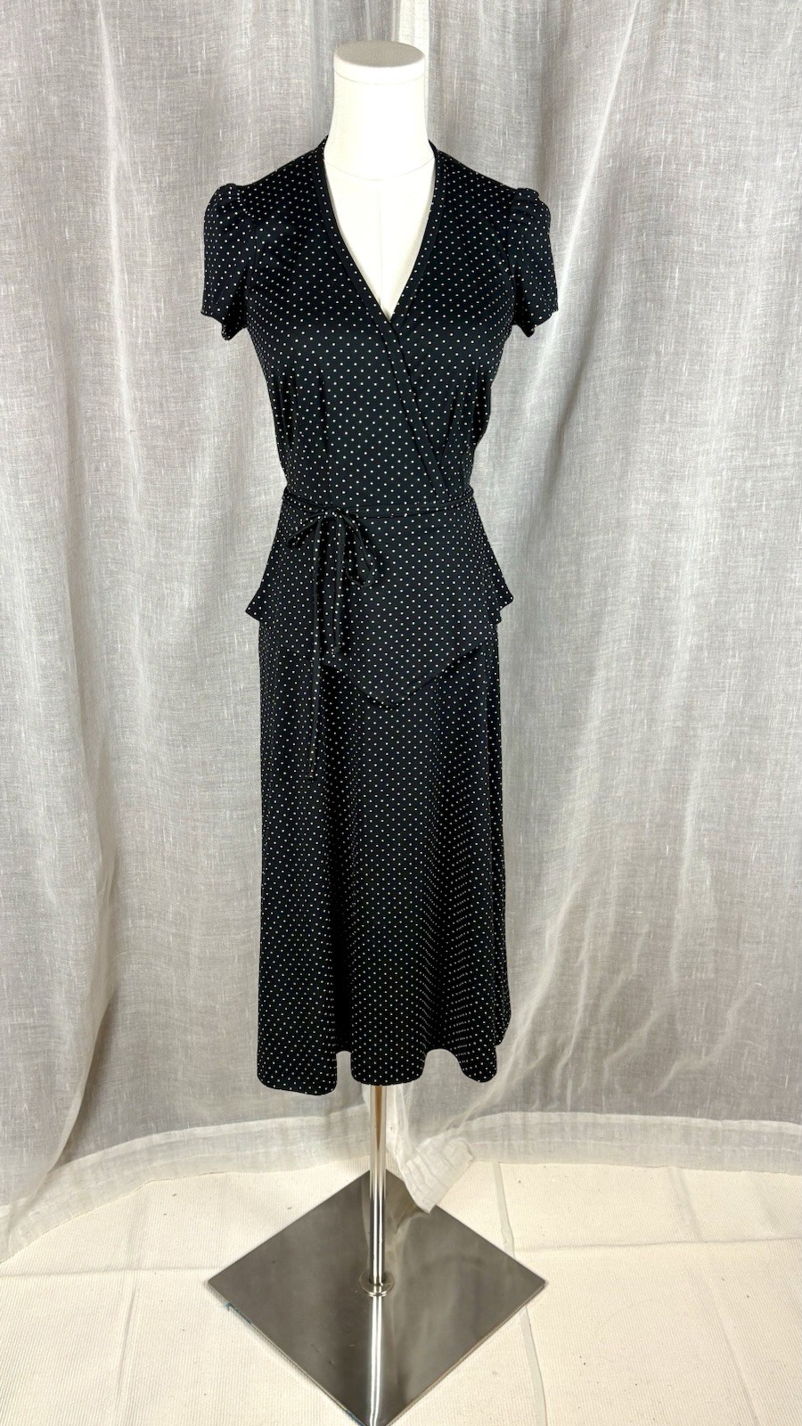 Vintage 70’s Polka Dot Peplum Dress Parisian Chic French Girl Dark Academia Sz S