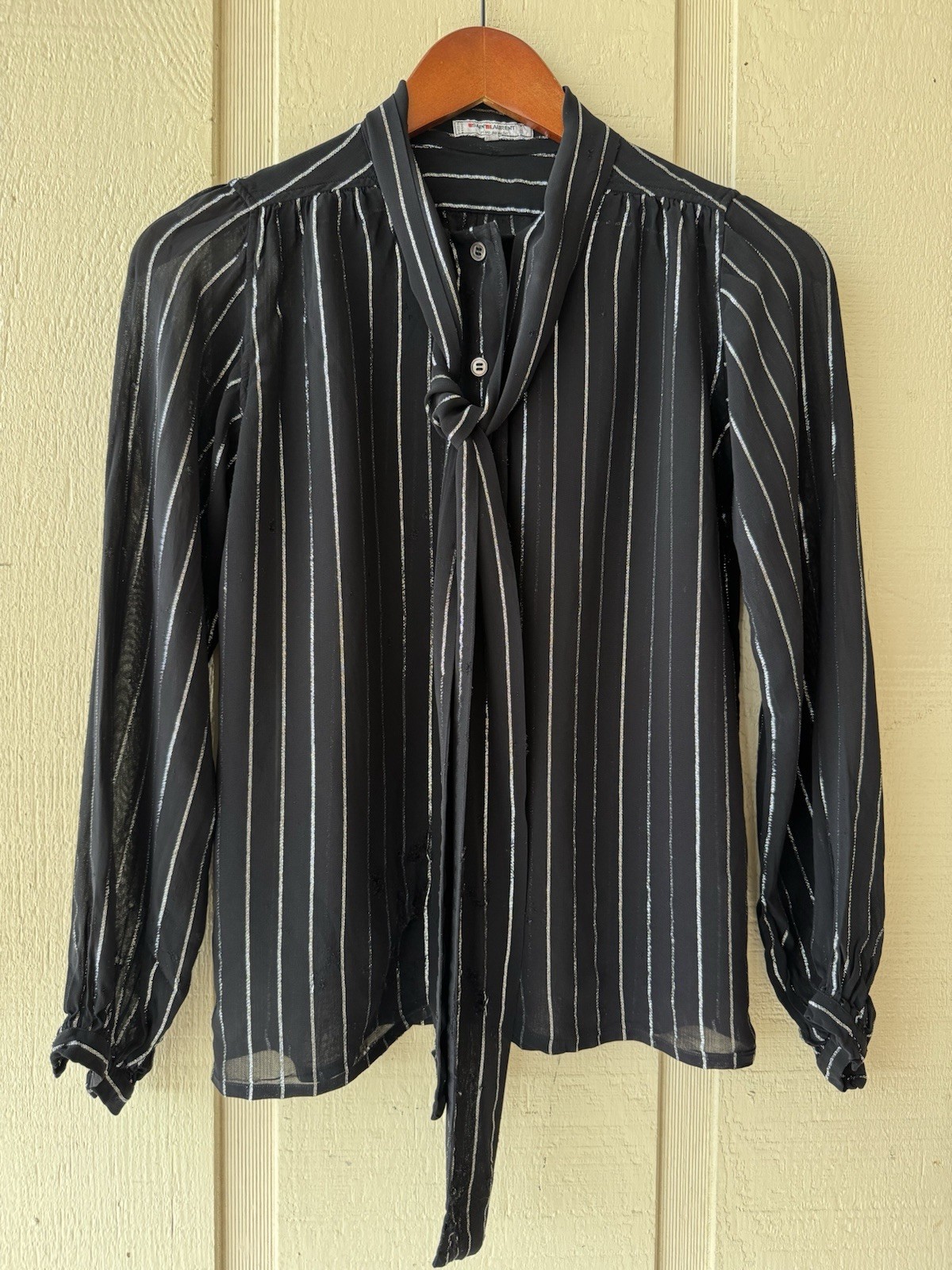 1960 Vintage YSL Yves Saint Laurent Rive Gauche Sheer Black Striped Blouse 36