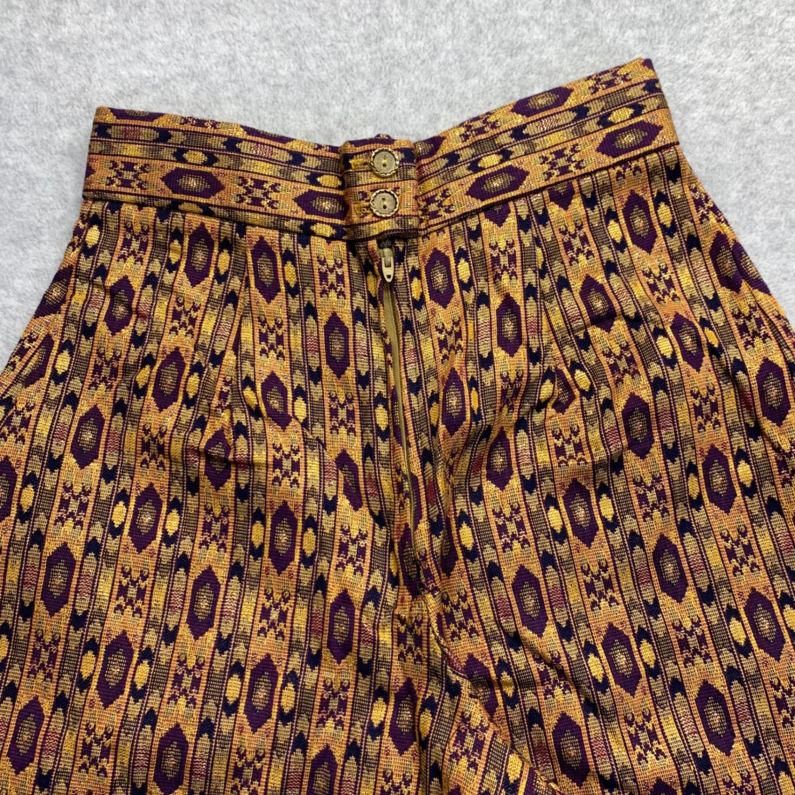 Vintage BSAC ILGWU Wide Leg Palazzo Pants Purple Gold Metallic Ikat Print Sz 10