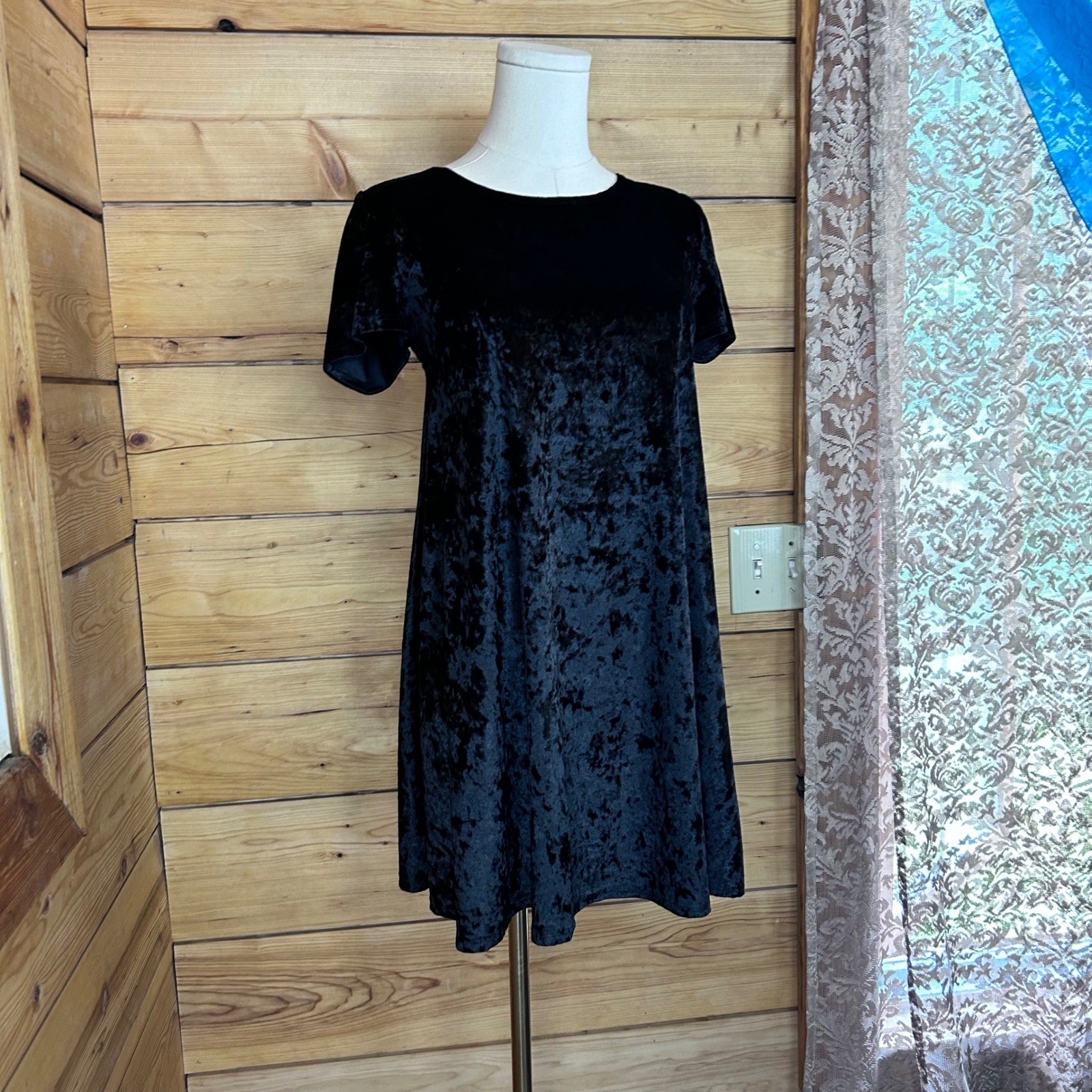 Vintage Crushed Velvet Shift Dress Womens Small Black Babydoll Love Culture
