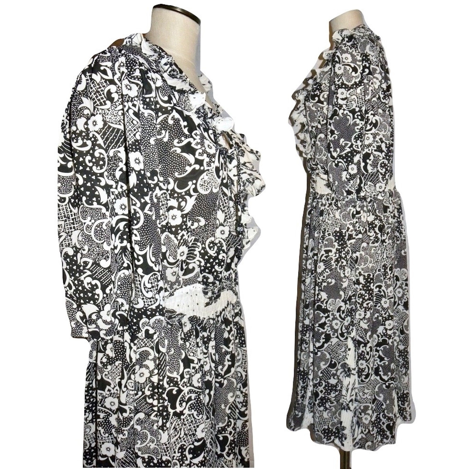 Vintage Susan Freis Black White Graphic Georgette Dress | M/L