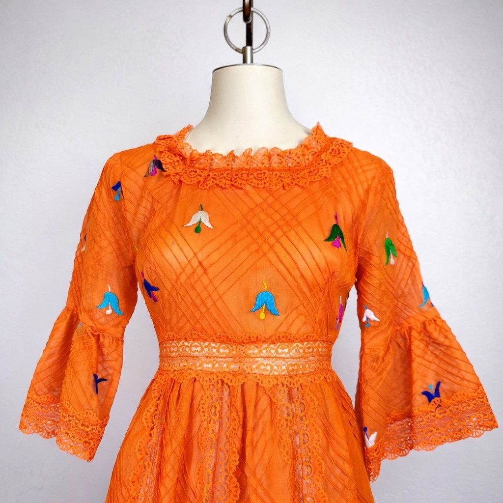 Vintage 70s Orange Embroidered Lace Maxi Dress Boho Bell Sleeve Cottagecore