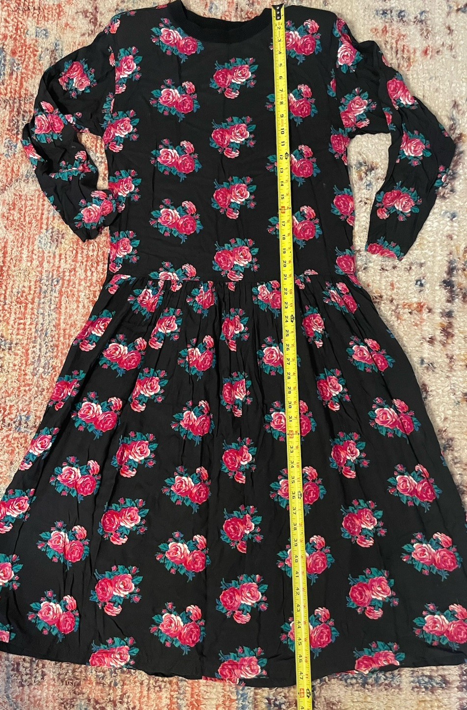 Vintage 80s Peppers Black Pink Rose Print Midi Dress M Rayon Drop Waist LS