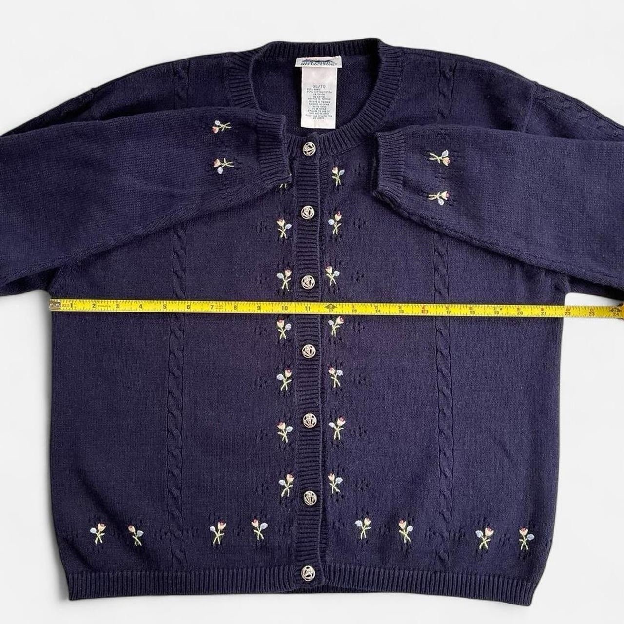 Vintage Northern Reflections Navy Blue Knit Pink Embroidered Flowers Cardigan