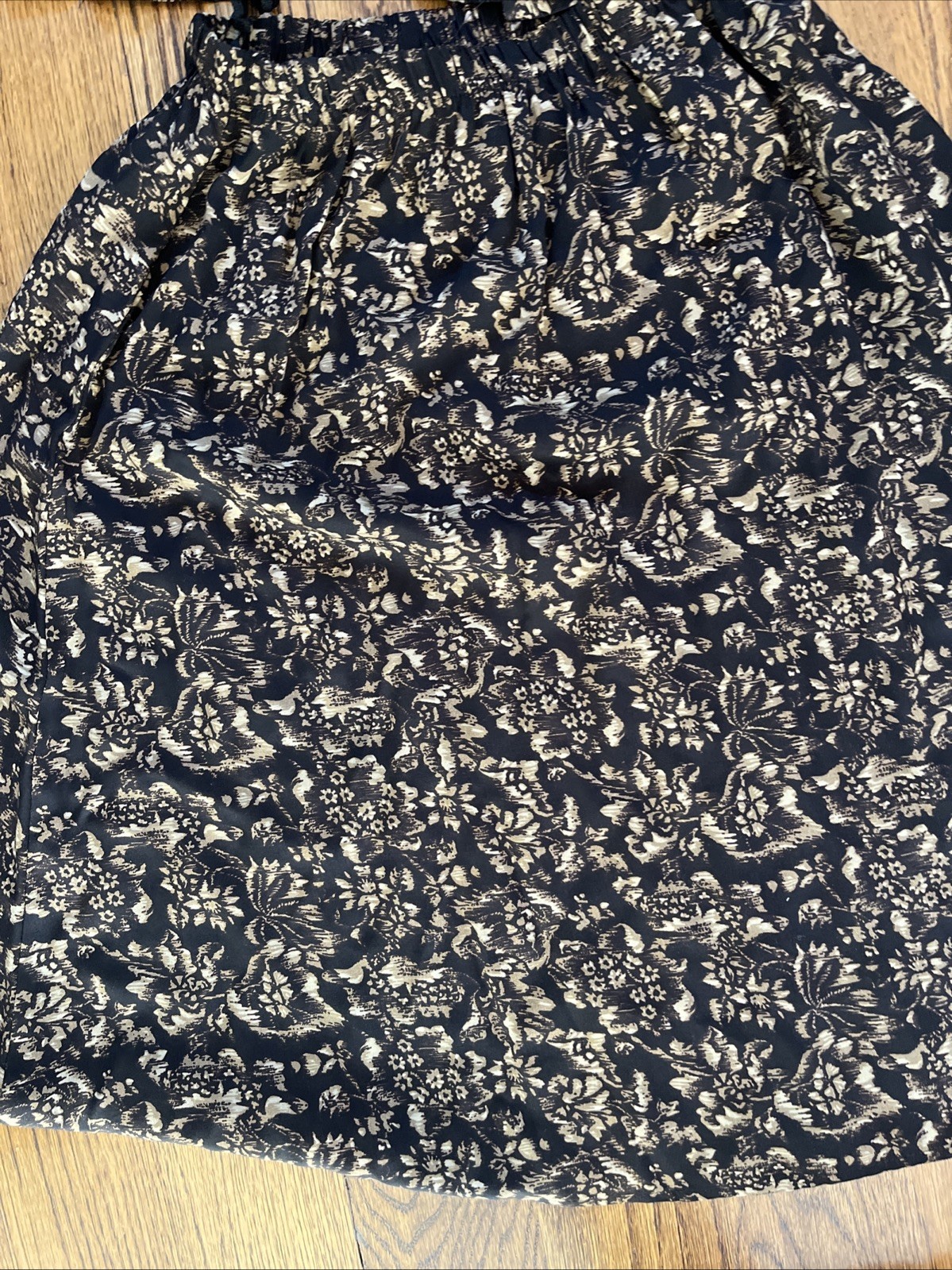 Vintage 1970s Black Floral Boho Puff Sleeve Skirt Set Peasant Gold Buttons Sz 8p