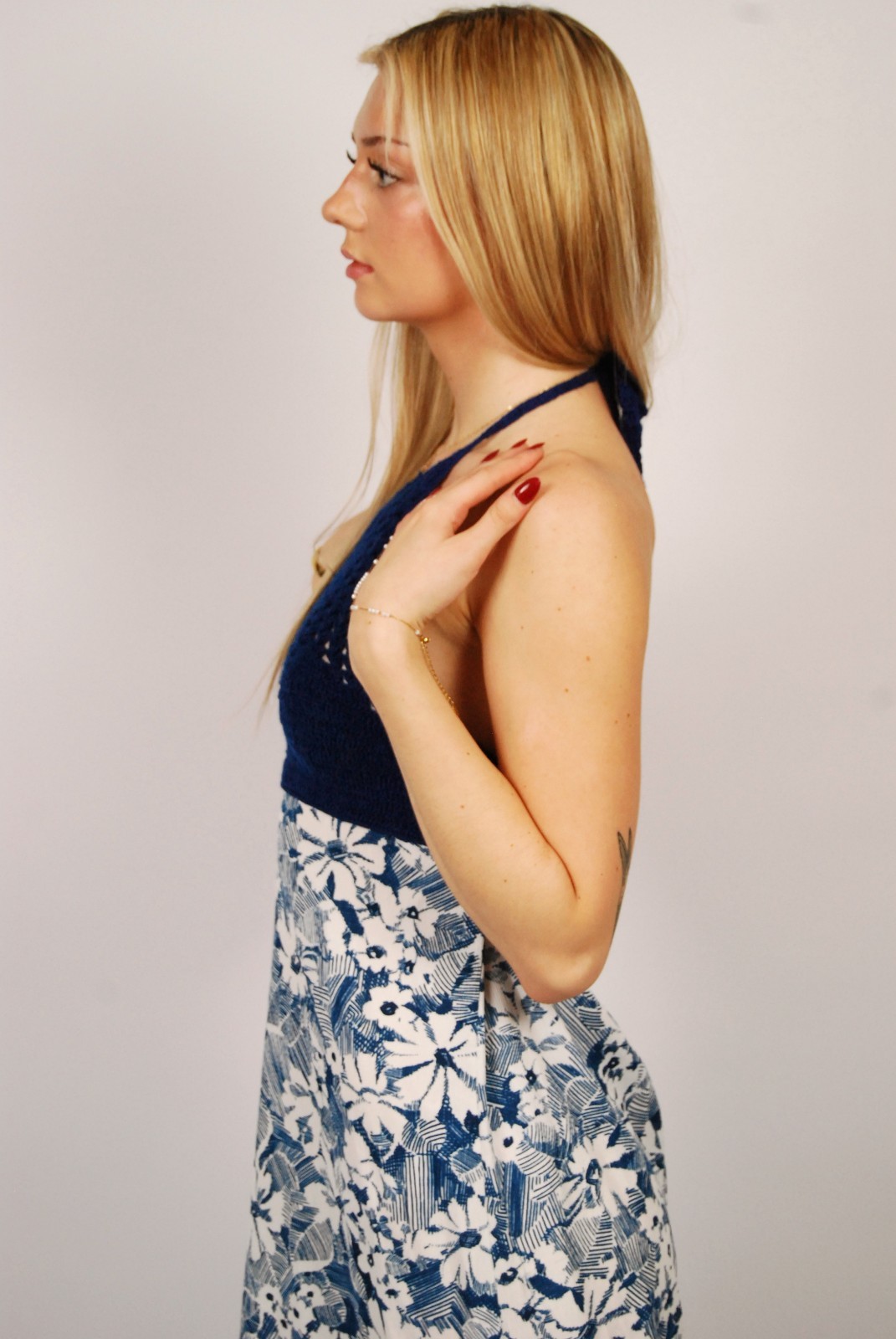 70s Island Maxi Dress (S) small blue vintage Hawaiian crochet halter beach
