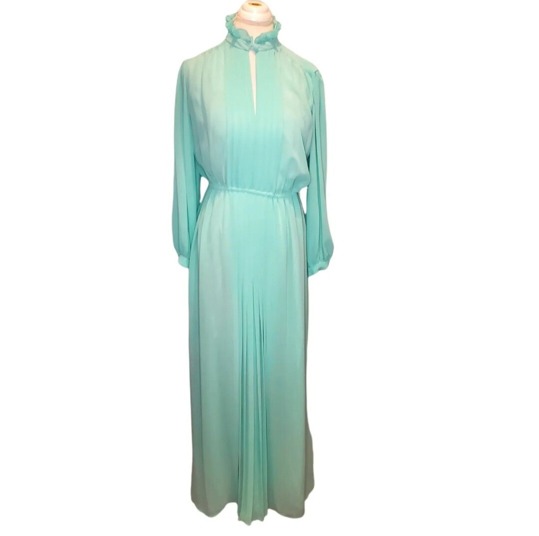 Medium 8 10 Mint Green Sheer Maxi Hostess Dress Longsleeve W Slip VTG 70s