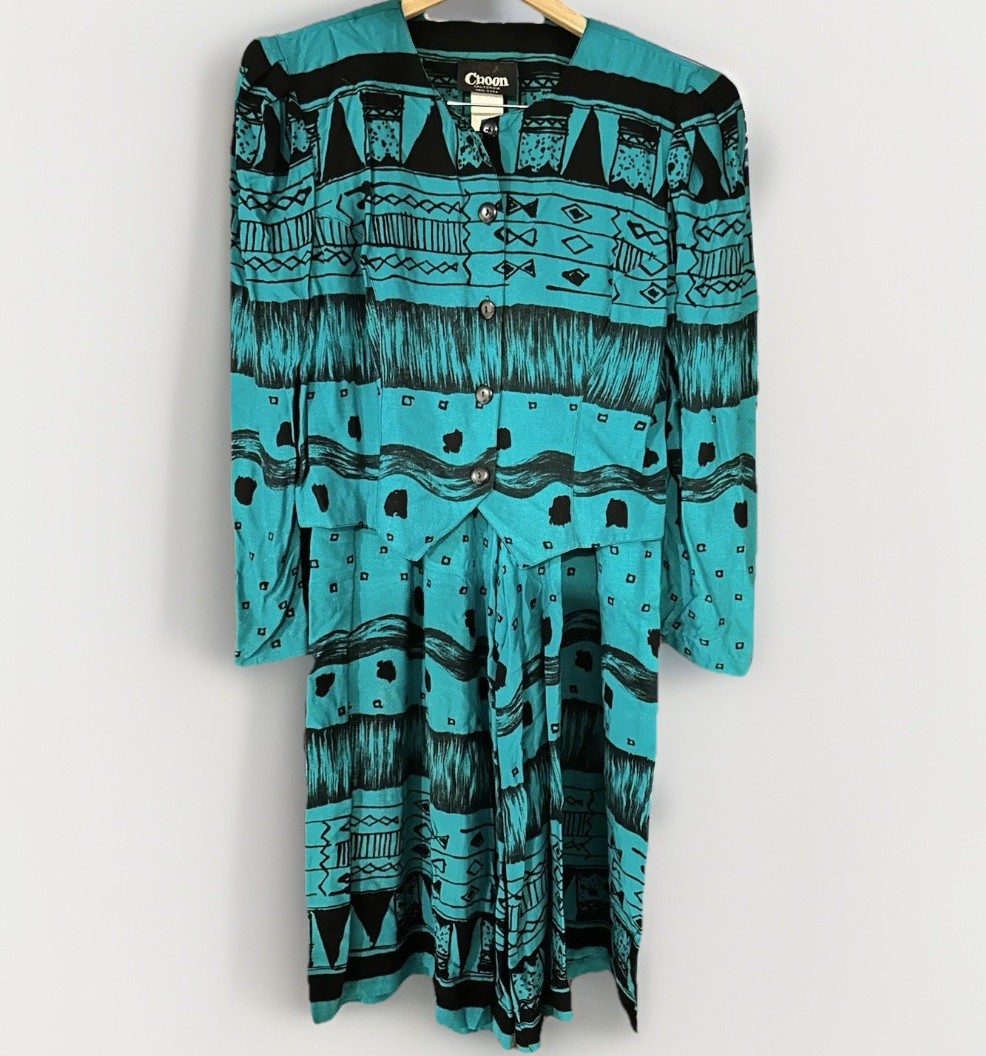 Vintage Choon California Pantsuit Sz 10 Teal Rayon Abstract Boho Set USA 80s 90s