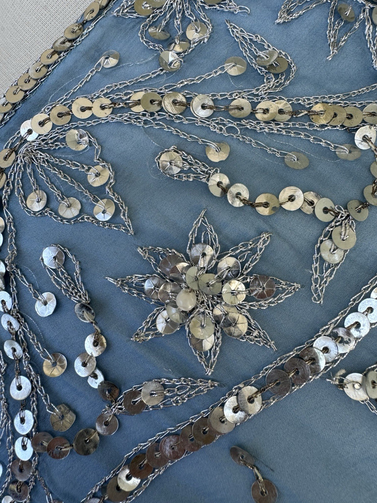 Vtg 60’s Profils Du Monde Beverly Hills Baby Blue Gown Silver Sequins Silk S