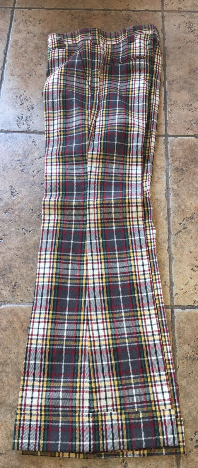 1970s Plaid Pants Bell Bottom Ultra High Waist, 30″ Waist, M