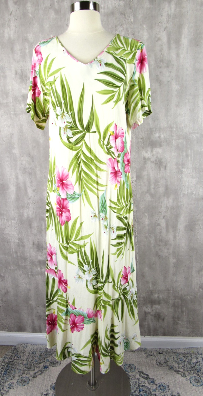 Vintage 90s Puanani XL Bias Cut Rayon Hibiscus Print Midi Dress Tiki Hawaiian XL