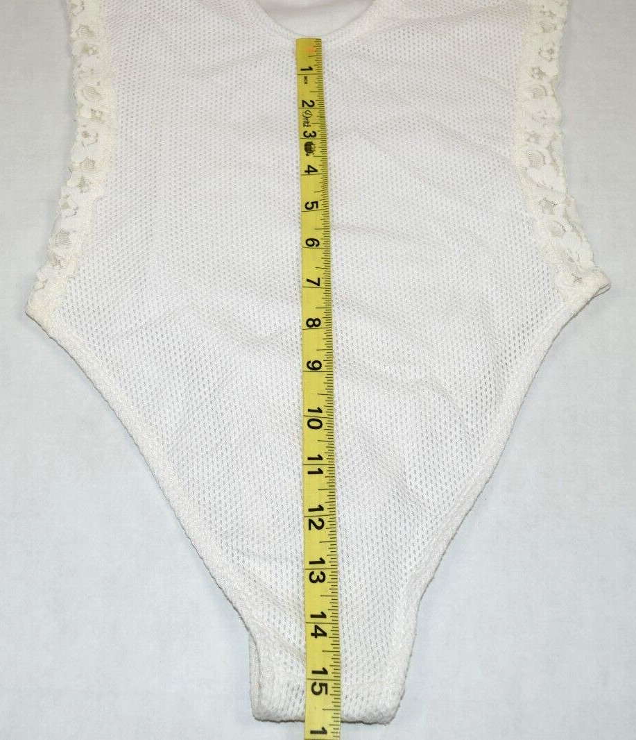 Vintage Swimsuit Leotard Size S/M 80s Krystal K White Textured Lace Side Stripes