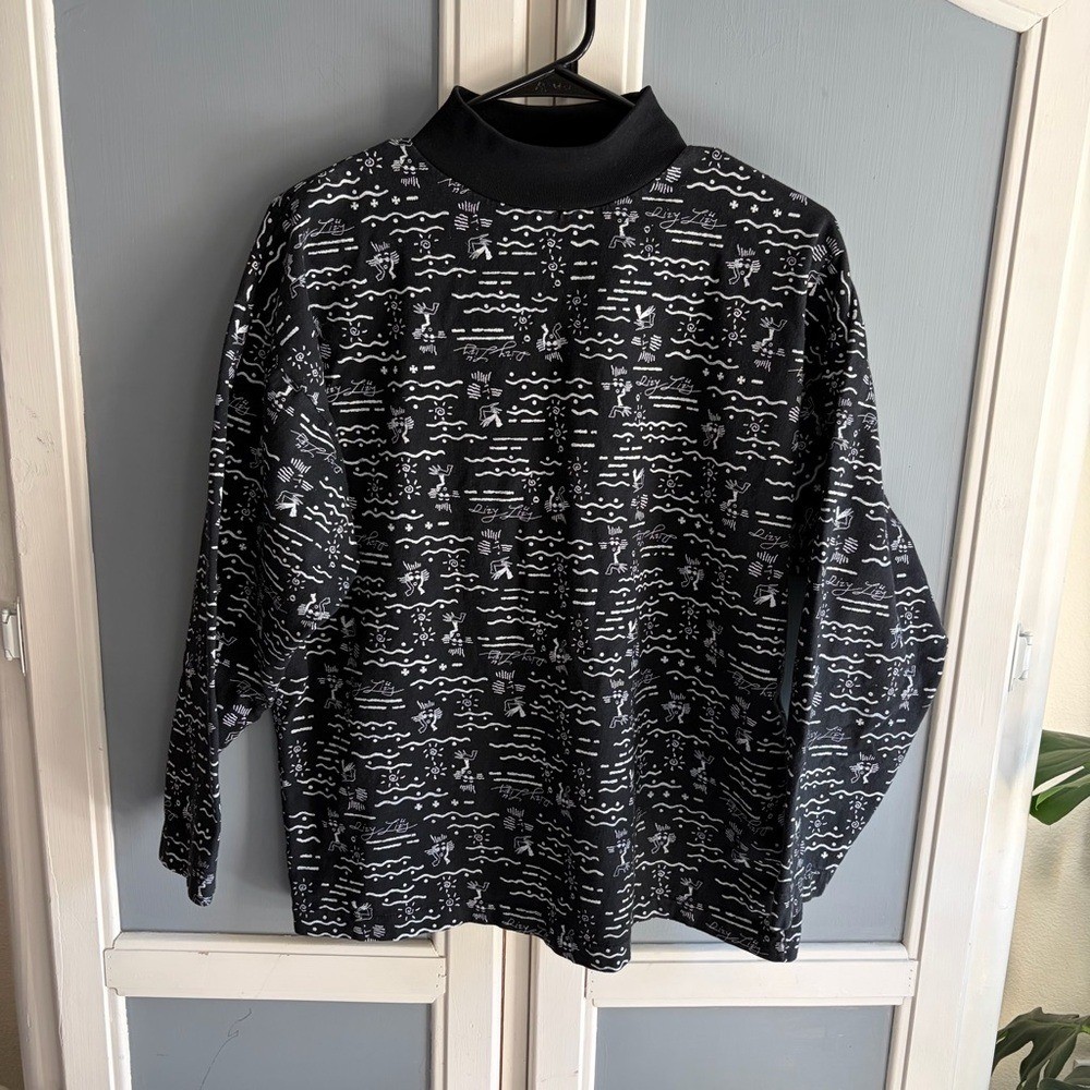 Vintage 1990 Americanwear „Dizy Lizy” Graphic Mock Neck Top OSFM Black White