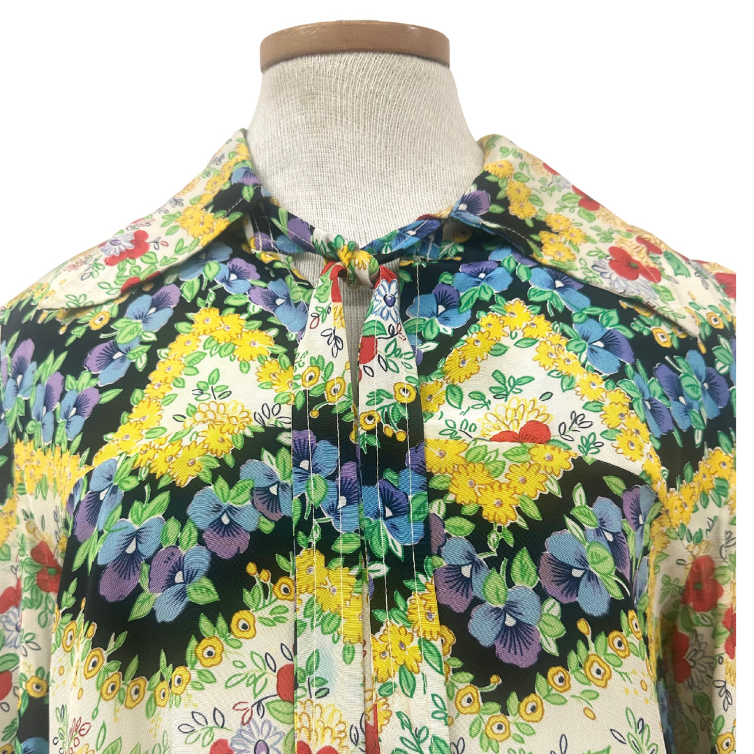 Vintage 1970s Jenny Hare Rare Floral Tunic Blouse/Mini Dress with Bishop Sleeve