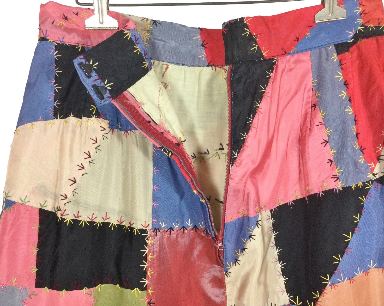 vtg 60S 70S ANTIQUE PATCHWORK CRAZY QUILT EMBROIDERED dress SKIRT 32 cottagecore