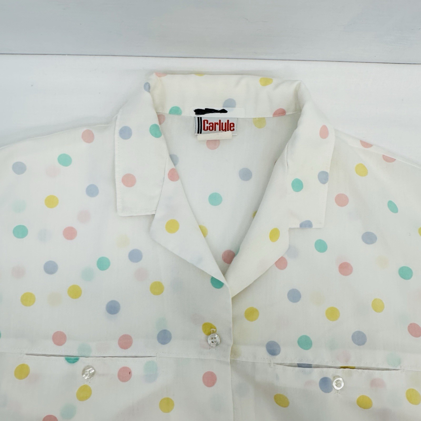 Carlyle VTG 80’s Womans Button Up Multicolored Polk Dot Short Sleeve Top 14 READ