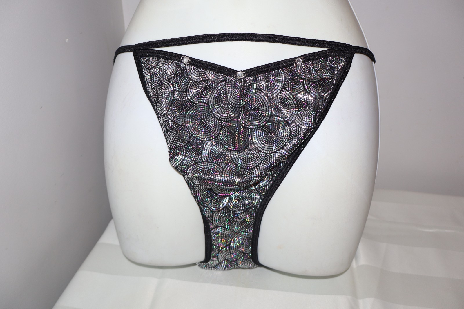 Vintage NOS Fashion Bug Black Poly Silver Metallic String Pantie Size 10 Plus