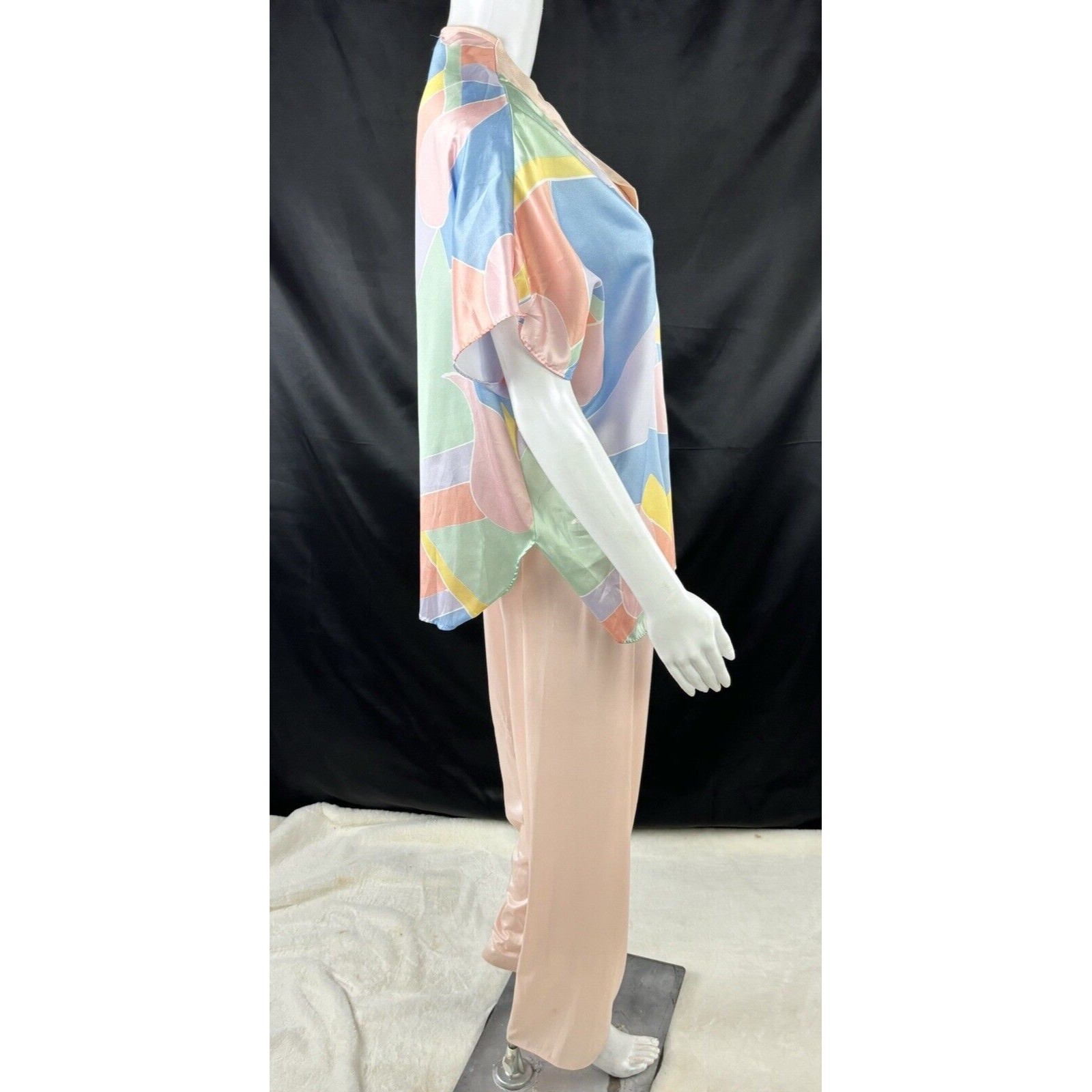 Yolande Mod Robe Satin Blouse Floral Shirt Pink Pants Vintage 80’s 3pc Lingerie