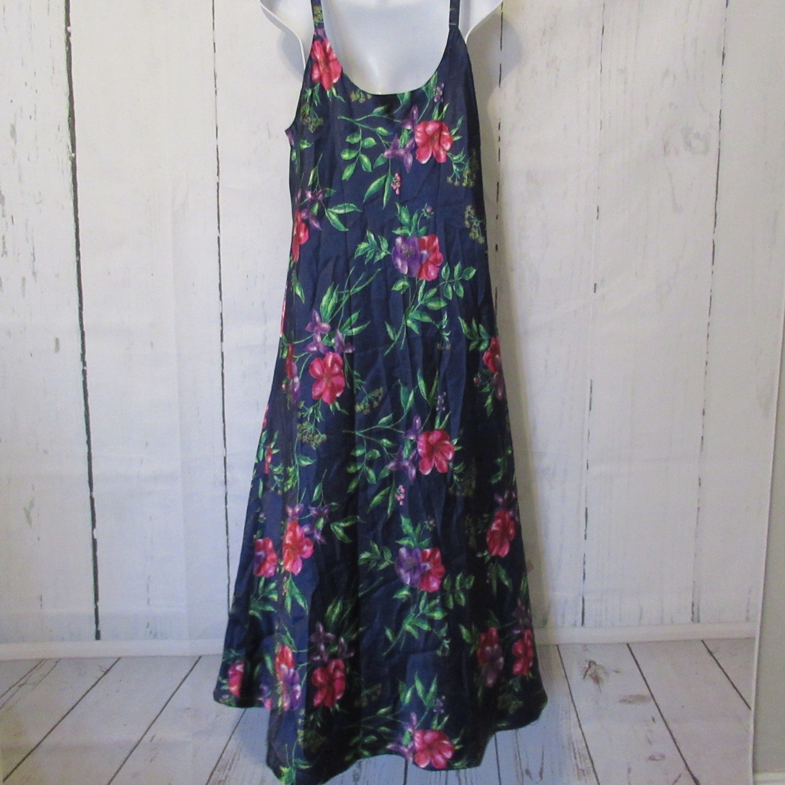 Vintage Go Softly Nightgown L Navy Blue Floral Maxi Satin Slip Dress