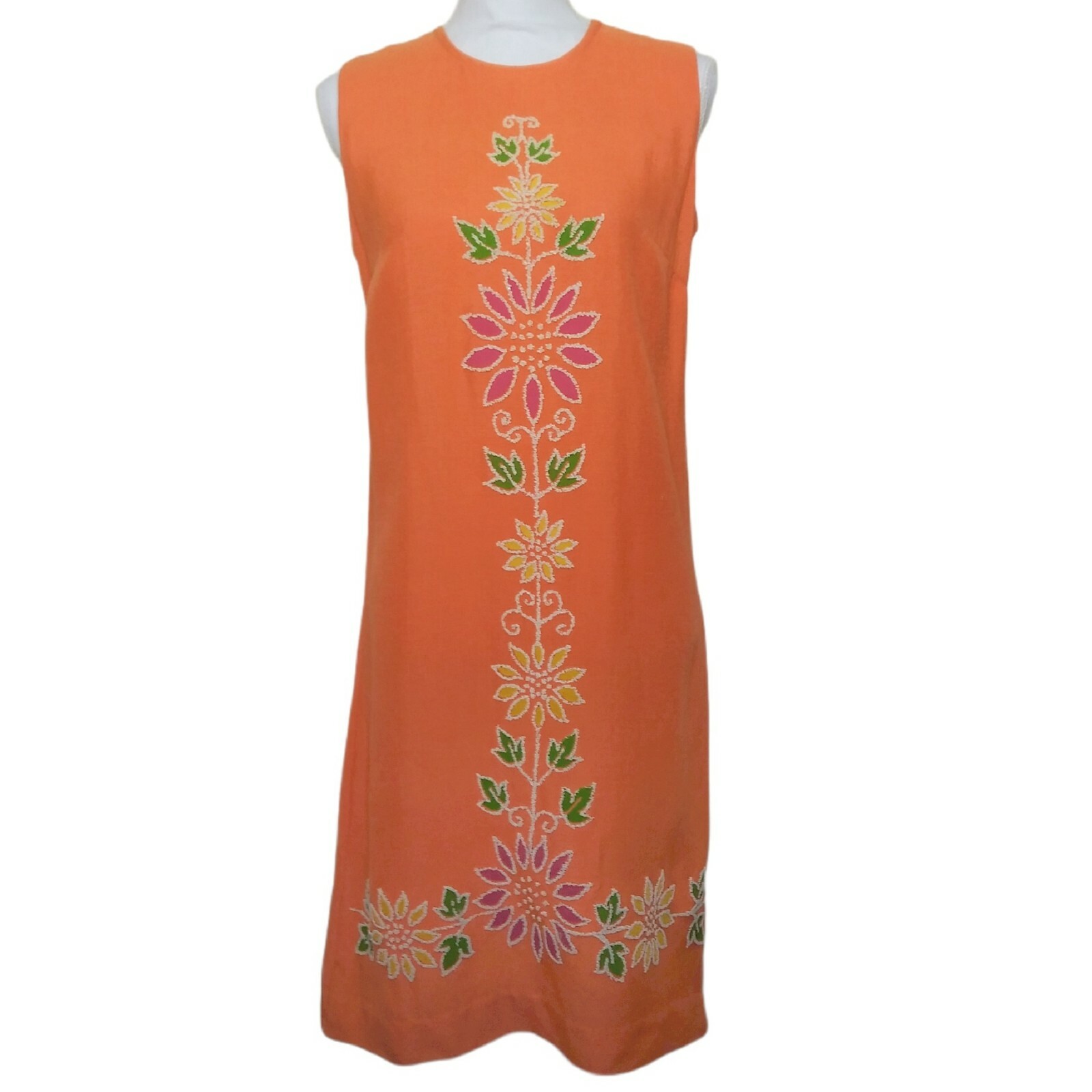 Vtg 60s Joe Daniels Orange Floral Shift Dress 36B 33W 36H Beaded Mod MCM