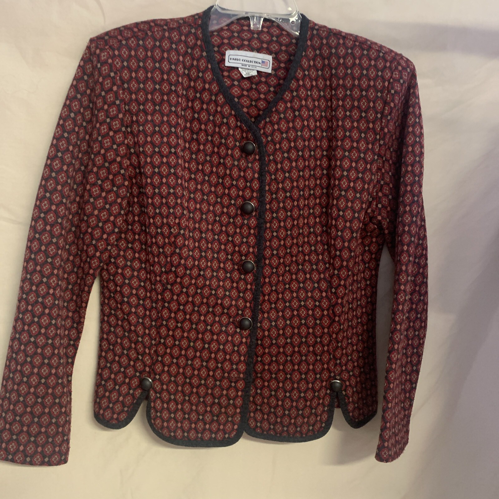 Vintage Pablo Collection Womens Red Black Print Short Blazer Sz 12 Petite USA