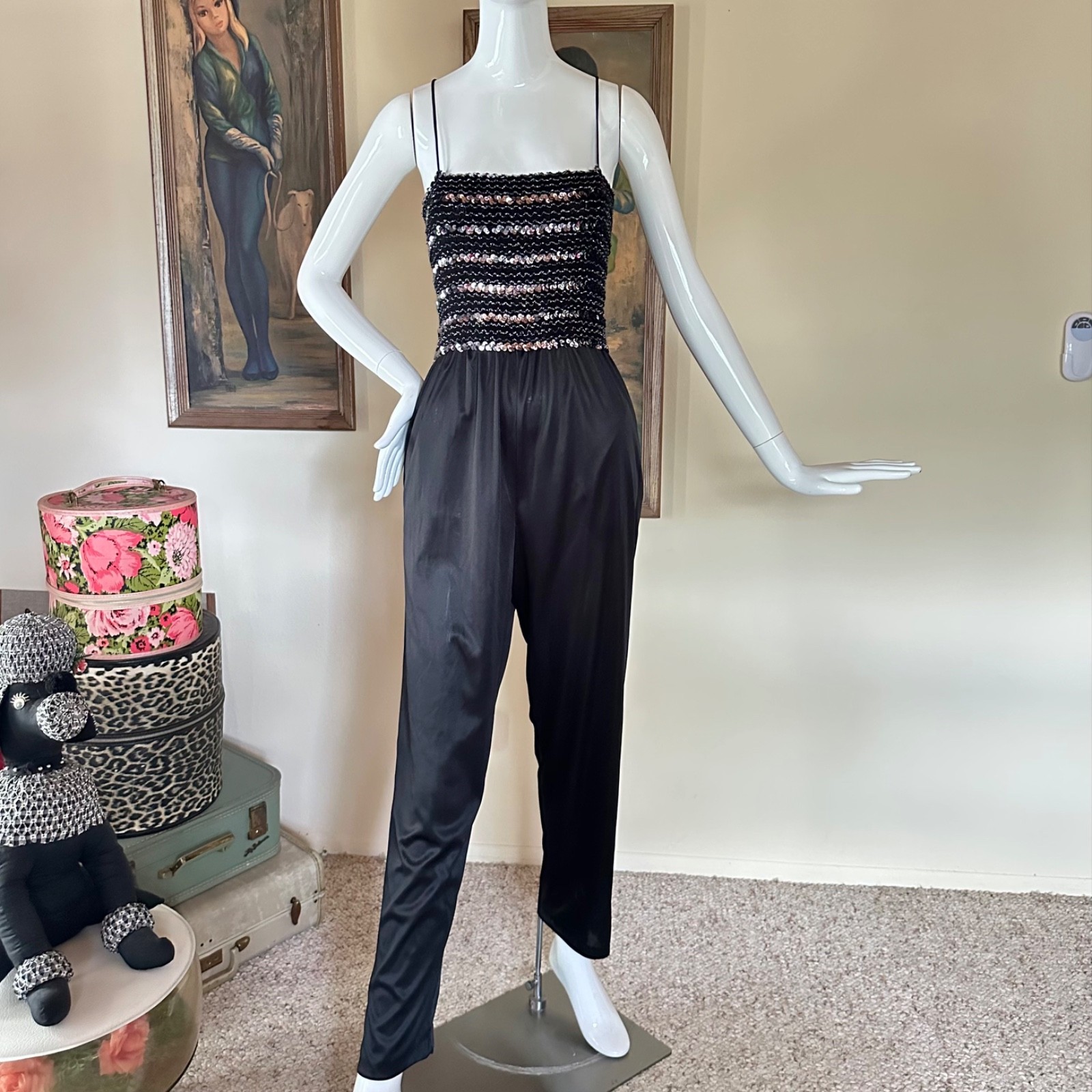 Vintage 70s Studio 54 Disco Mob Wife Tube Top Jumpsuit Black & Silver Lurex M/L