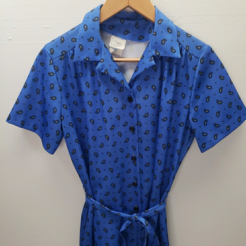 VTG Nancy Frock Wear Anywhere Dress Sz 14 Blue Floral Paisley Short Sleeve Belt