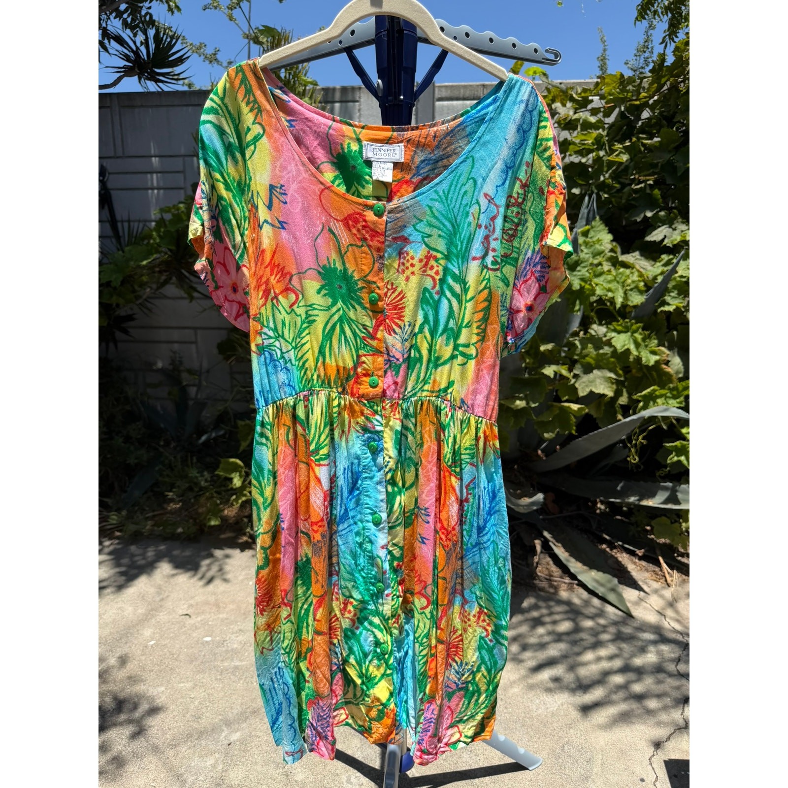 Vintage 90s Babydoll Mini Dress Large Tropical Floral Rainbow Jennifer Moore