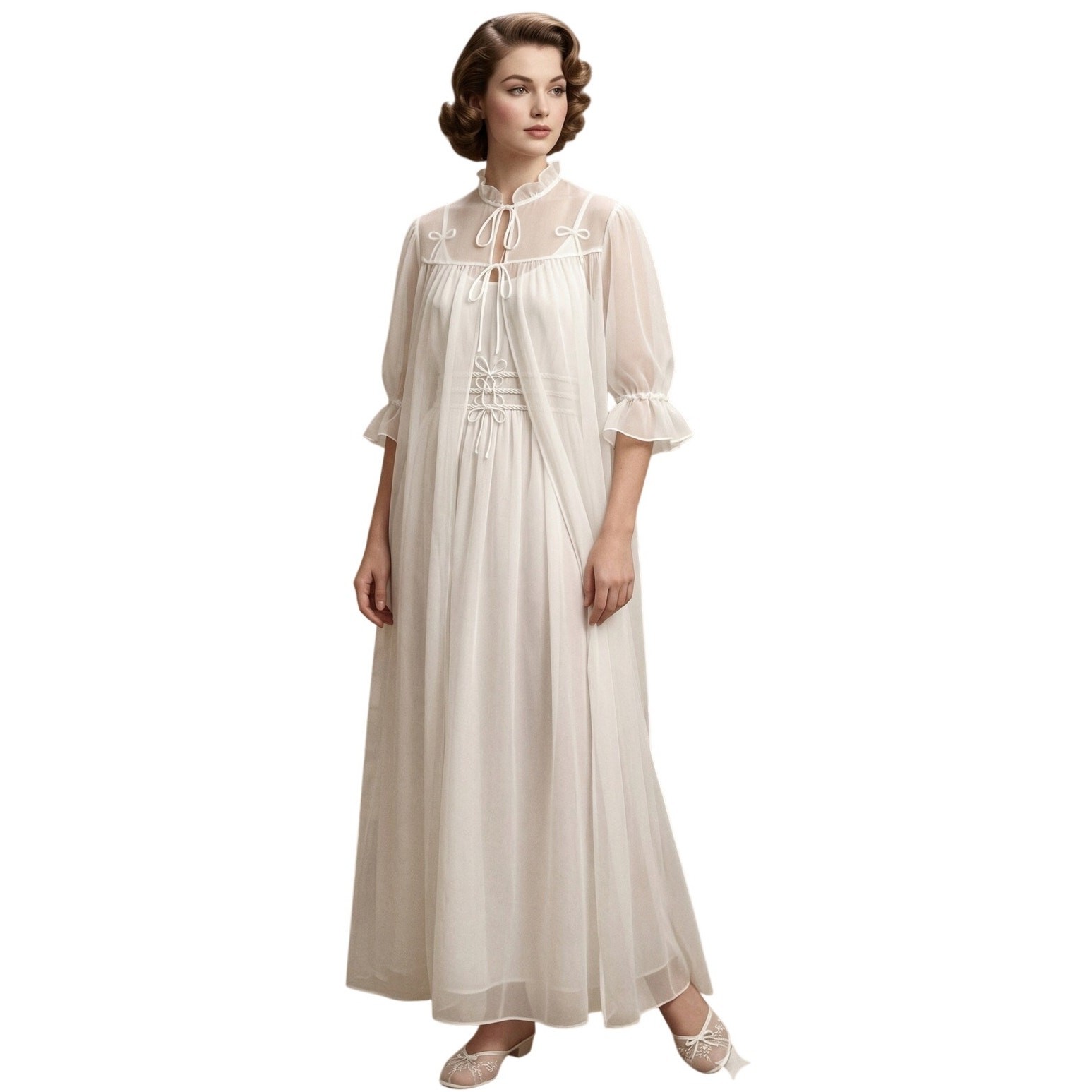 VTG 1950s White Nylon Peignoir Set Bridal Sheer Tricot Glam Honeymoon 34/S/M