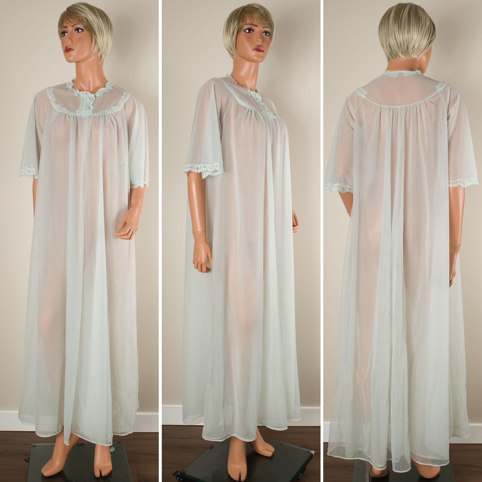 💖 SHADOWLINE Double Chiffon Mint Green Peignoir Robe Gown Nylon Full Length S